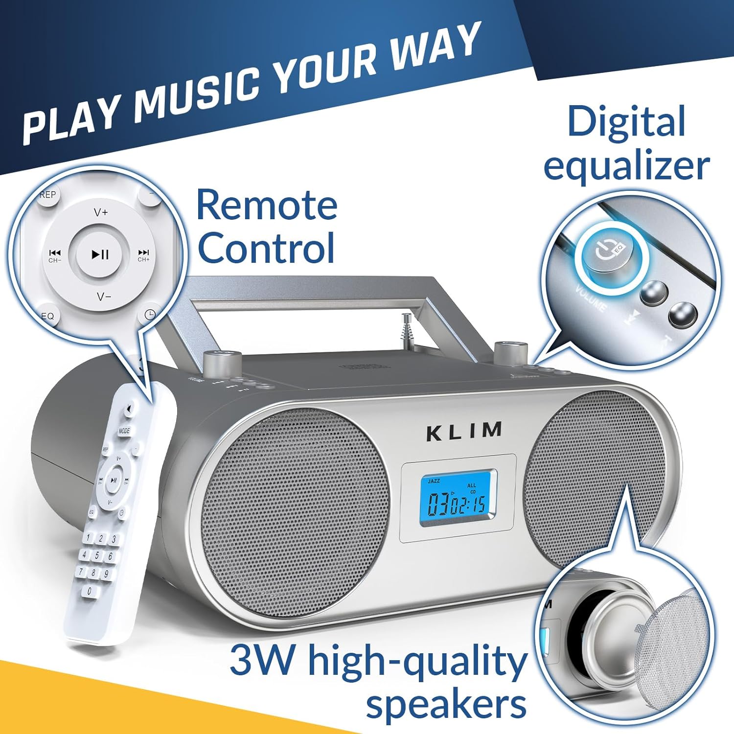 KLIM Boombox B4 CD Player Portable Audio System + AM/FM Radio, MP3, Bluetooth, AUX, USB + Wired & Wireless Mode, Rechargeable Battery + Remote Control, Autosleep, Digital EQ, Silver