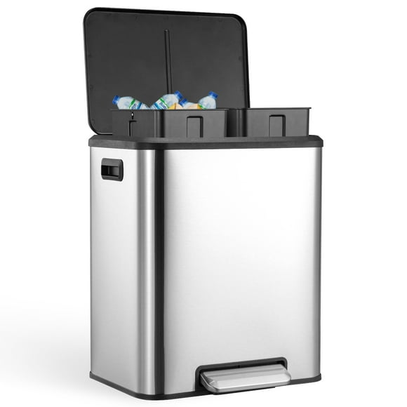 Dual Compartment Kitchen Trash Can 2 x 4 Gal (2 x 15L) – Stainless Steel – Removable Buckets – Soft-Close Step Pedal – Recycling & Garbage Bin, Stainless Steel Natural Color Sanding Seal Oil