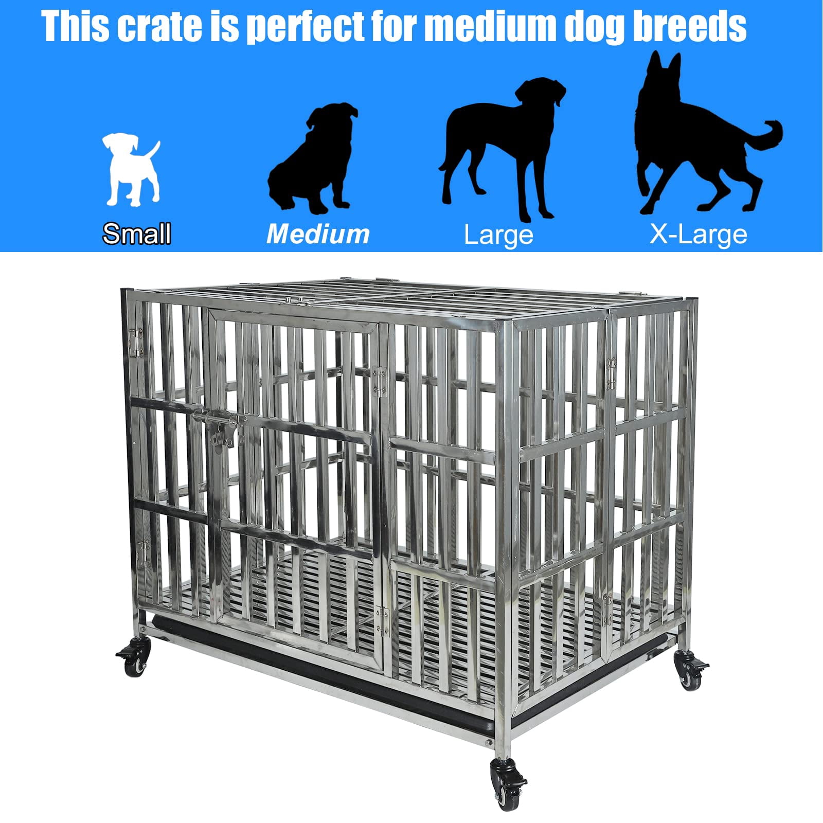 Confote 37" Stainless Steel Dog Crate Stackable Heavy Duty Pet Kennel Foldable Dog Kennels Dog Cage with Double Door for Out-Door Travel