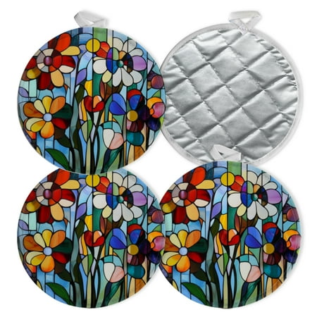 

4 PCS Pot Holders for Kitchen Potholders Sets with Hook for Oven Cooking Baking Stained - Glass Style Flower Composition