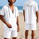 thumbnail image 2 of Conjunto de Pantalones Cortos para Hombre 2 Piezas Outfits Color Sólido Botón Cordón de Lino Camiseta con Capucha Y Pantalones Cortos de Playa, 2 of 9