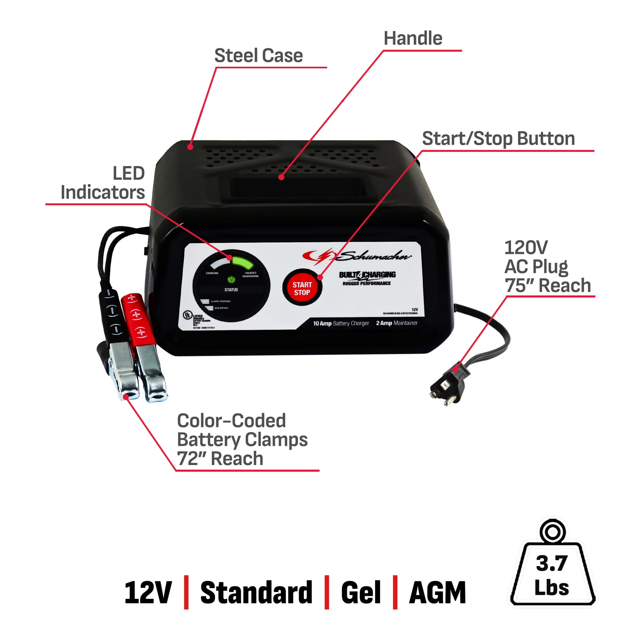 Schumacher Electric 10A Battery Charger & Maintainer for 12V Sport, Auto, Marine - SC1282