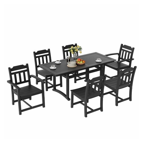 7PC Patio Dining Set Outdoor Furniture, HIPS Table & Chairs, Weather Resistant Garden Set, Black