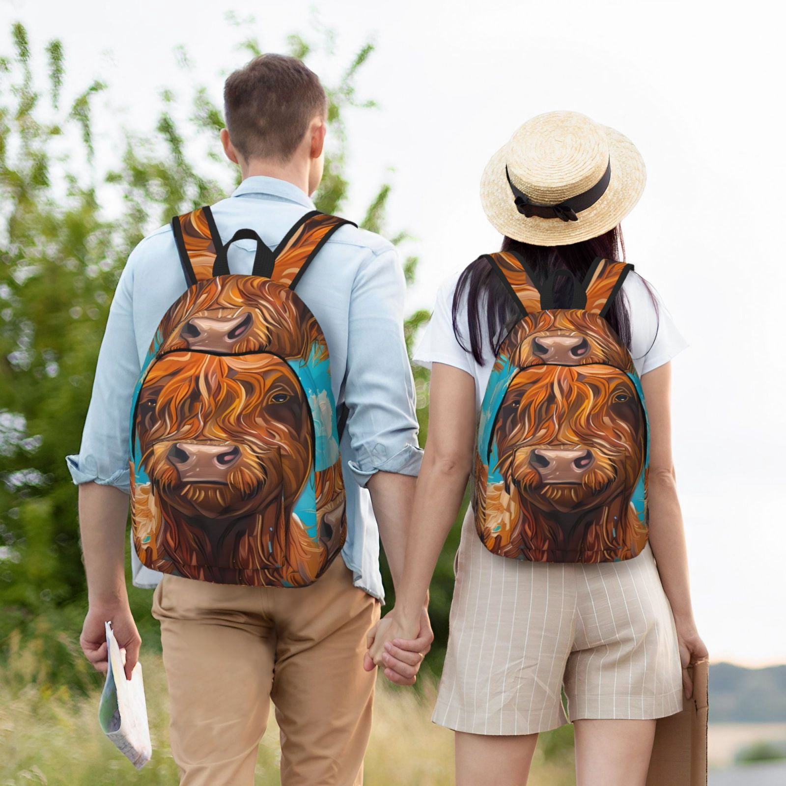 Vsdgher Cute Cow Sunflowers Art Print Canvas Backpack Travel Rucksack Unisex Knapsack 15.7/17.7Inch Laptop Backpack for Work,College -Medium