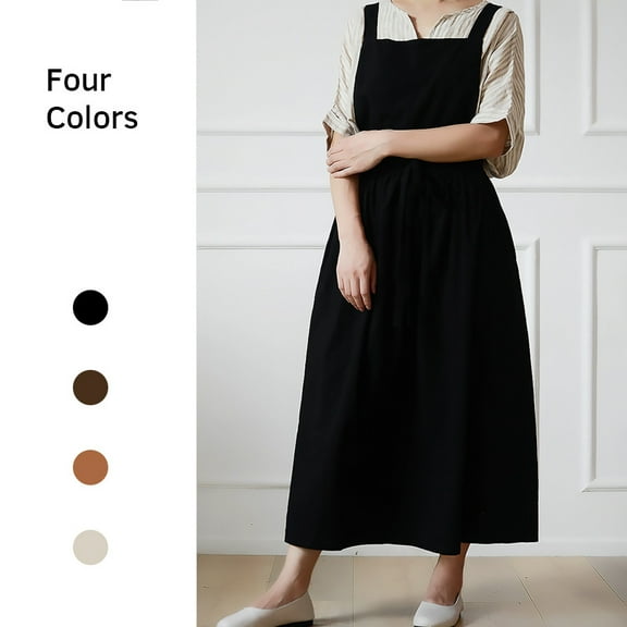 Pleated Cotton Long Apron X Back Kitchen Garden Florist Work Clothes Bib Dress - Black
