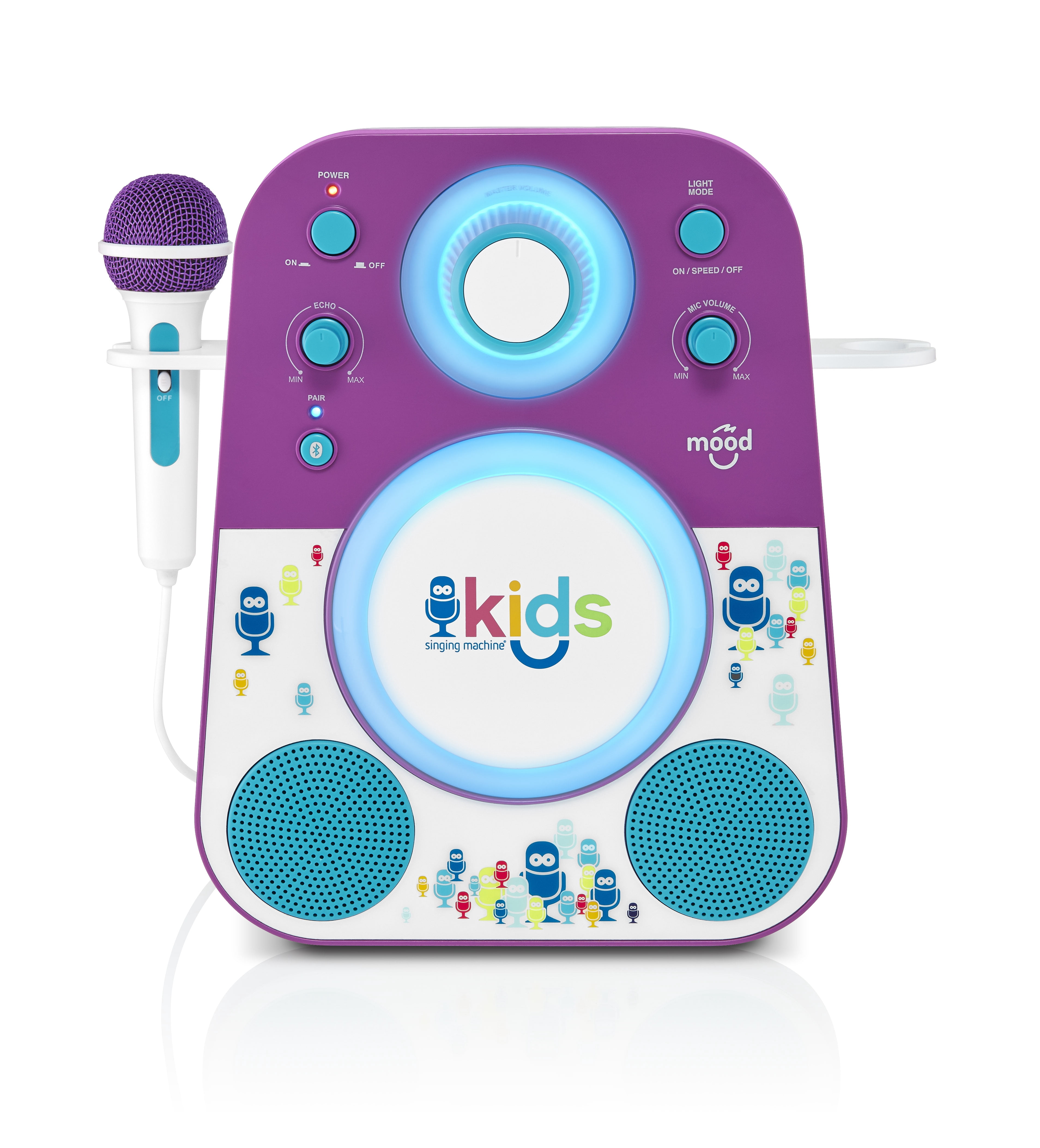 The Singing Machine Kids Mood LED Glowing Bluetooth Sing-Along Speaker with Wired Youth Microphone Doubles as a Night Light, Purple/Blue