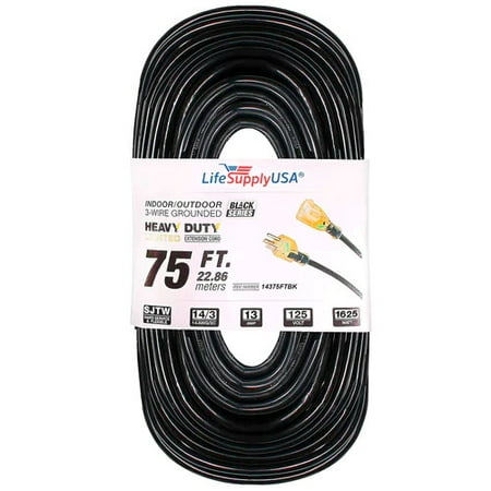 

20 Pack 14/3 75ft SJTW 13 Amp 125 Volt 1625 Watt Lighted End Indoor / Outdoor Black Heavy Duty Extension Cord (75 Feet)