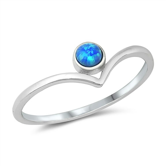 Round Blue Simulated Opal V Shape Design Ring Sterling Silver Size 5