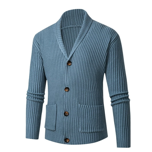 BinBiL Men's Cardigan Sweater Wool Blend Cable Knit V Neck Buttons Cardigan with Pockets Light Blue 10(XL)