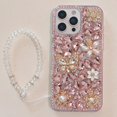 thumbnail image 4 of for iPhone 16 Pro Max Case with Wrist Strap Women Luxury 3D Bling Shiny Rhinestone Diamond Crystal Pearl Handmade Flowers Soft Protective Glitter Case for iPhone 16 Pro Max (Pink), 4 of 13
