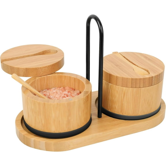 2Pcs Bamboo Spice Box Salt Container with Carrying Handle and Tray, Salt Cellar with Lid and Spoon, Storage Box for Salt Sugar Pepper