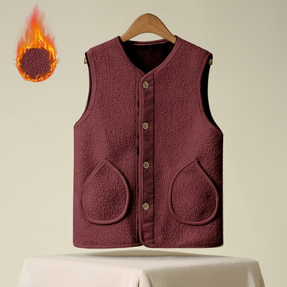 Fanxing Womens Crop Fleece Vest Plus Size Sleeveless Winter Warm Jacket V Neck Button Down Gilet Waistcoat with Pocket Wine 3XL