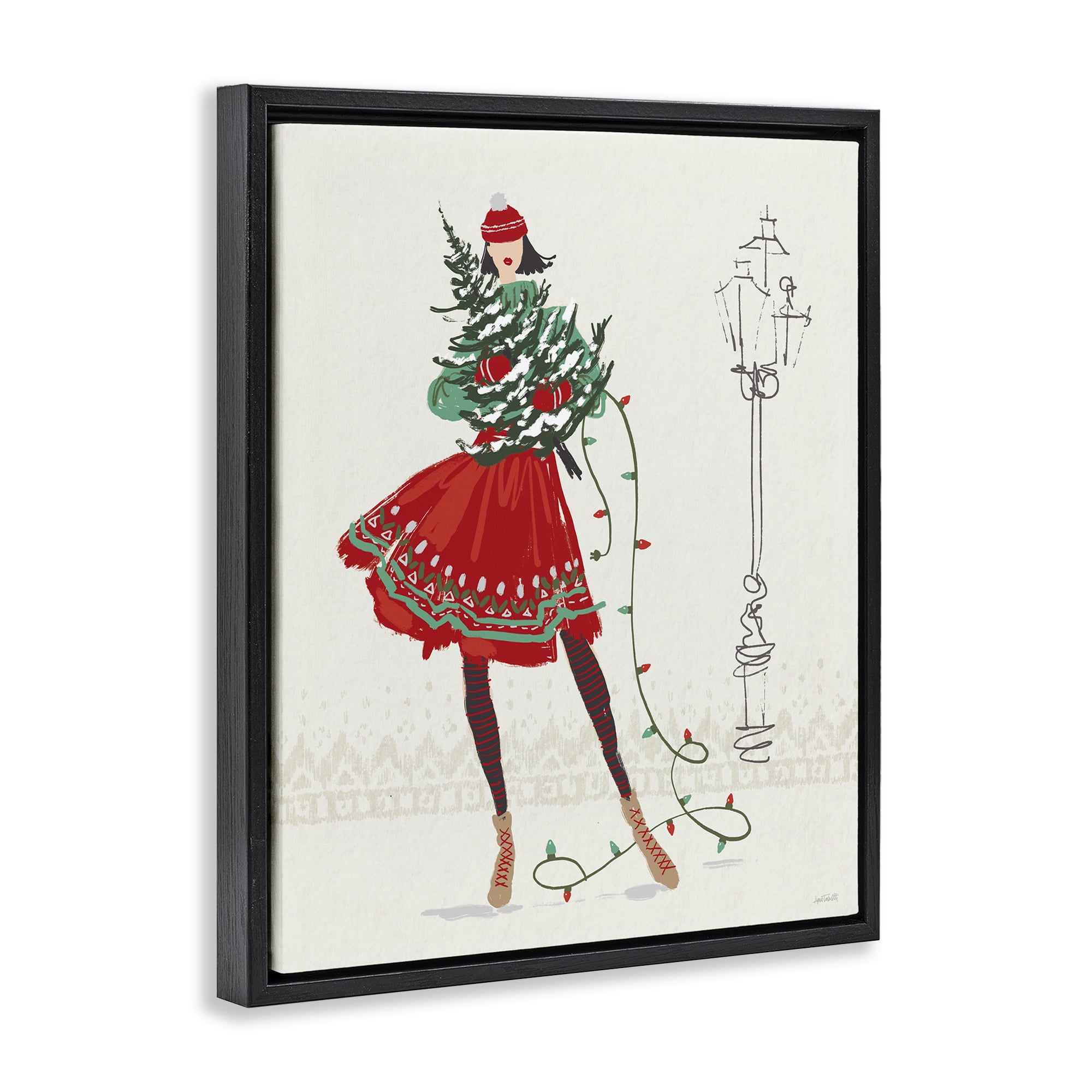 Stupell Industries Festive Fashion Girl Holiday Painting Black Floater Framed Canvas Art Prints Wall Art, 17 x 21