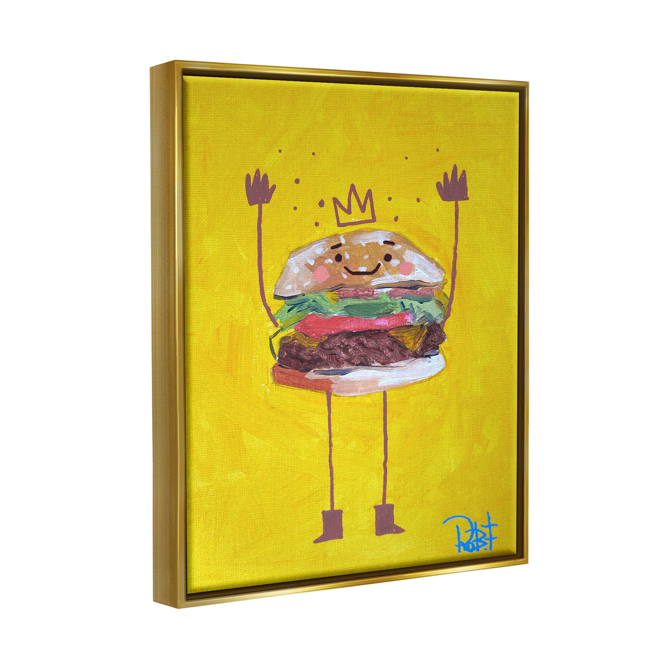 Stupell Industries Smiling Hamburger Crown Food Character Painting Metallic Gold Floating Framed Canvas Print Wall Art, Design by Robert Filiuta