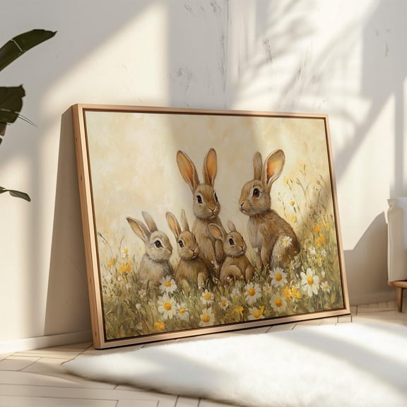 Adorable Rabbit Family In Wildflower Meadow – Nature-Inspired Bunny With Daisies And Rustic Charm Wall Art, Modern Wall Decor, 8x12 UNFRAMED