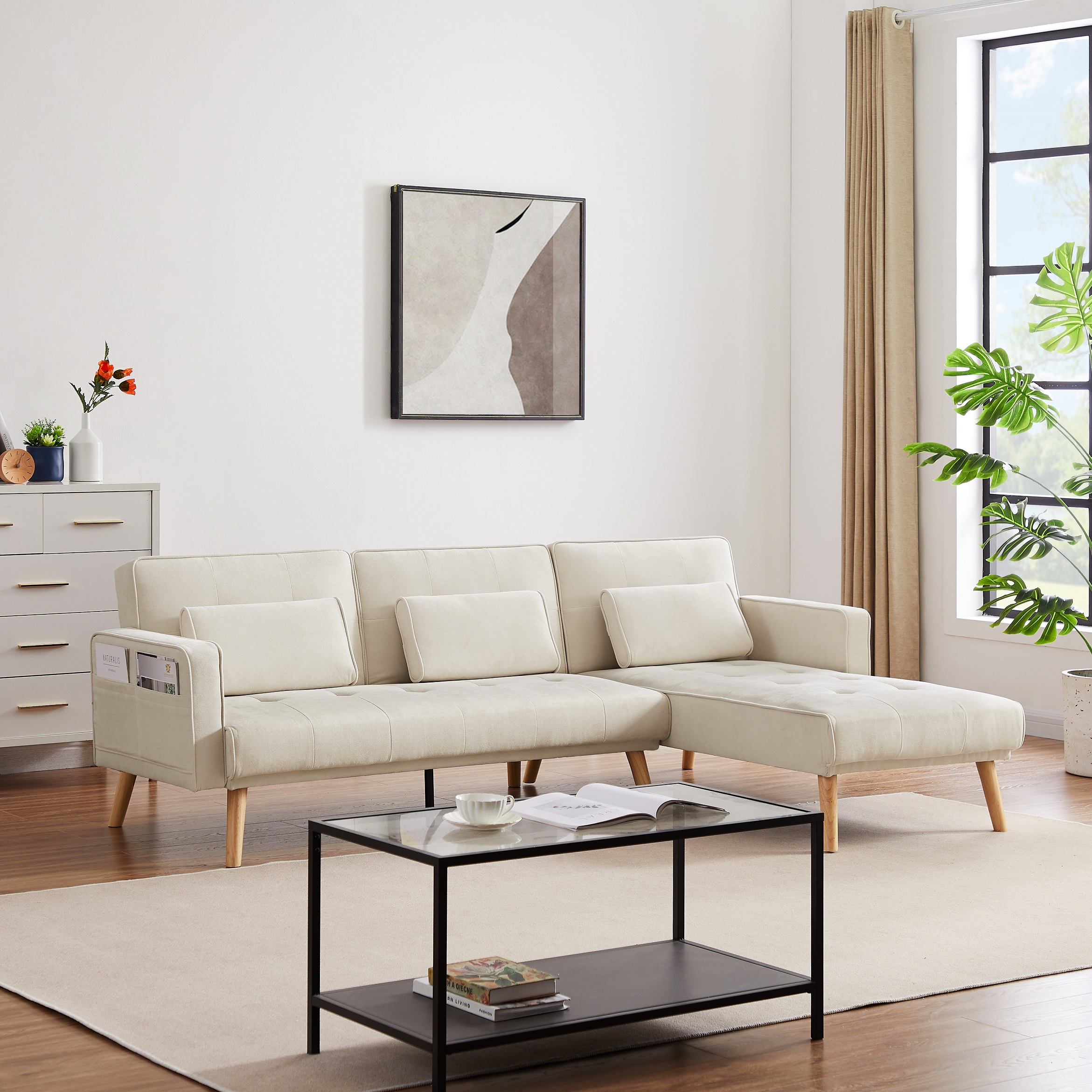 DEALTOPS Convertible Sectional Sofa Upholstered Sleeper Sofa Couch Bed with Left Chaise L-shaped Corner&nbsp;Sofa Chair for Living Room - Dark Beige
