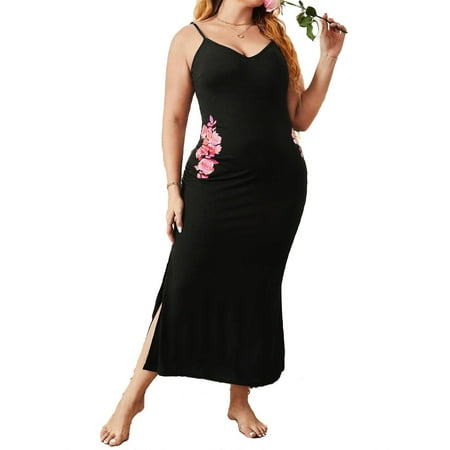 

Elegant Floral Print Cami Strap Slip Dress Sleeveless Black Plus Size Nightgowns & Sleepshirts (Women s)