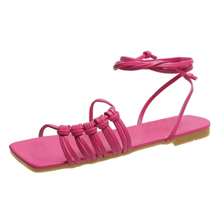 

Ladies Fashion Solid Color Leather Flat Woven Ankle Strap Roman Sandals Tan Flip Flop Sandals for Women Womens Summer Sandals Size 6 1/2-7