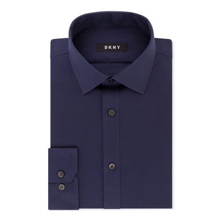 DKNY Mens Navy Collared Slim Fit Dress Shirt 18- 34/35