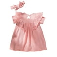 thumbnail image 2 of Seyurigaoka 2Pcs Newborn Girl Cute  Sweet Dress Outfits, Short Sleeve Solid Color Ruffles Decor Pleated Round Neck Dress + Headband, 2 of 7