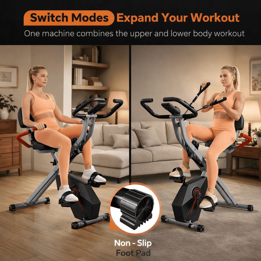 USLIM Foldable Exercise Bike for Home Cardio Workouts, 16-Level Magnetic Resistance, Resistance Bands, Backrest, LCD, 300 lb Capacity