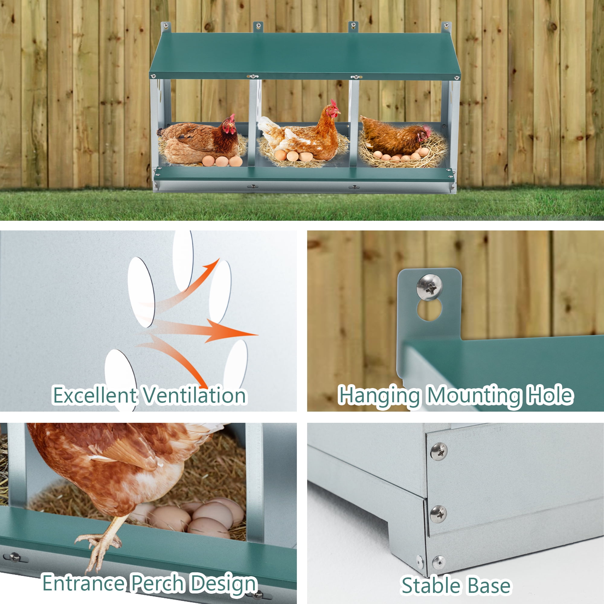 Metal Nesting Boxes for Chicken, 3 Compartment Nesting Box, Galvanized steel Nesting Boxes for Hens