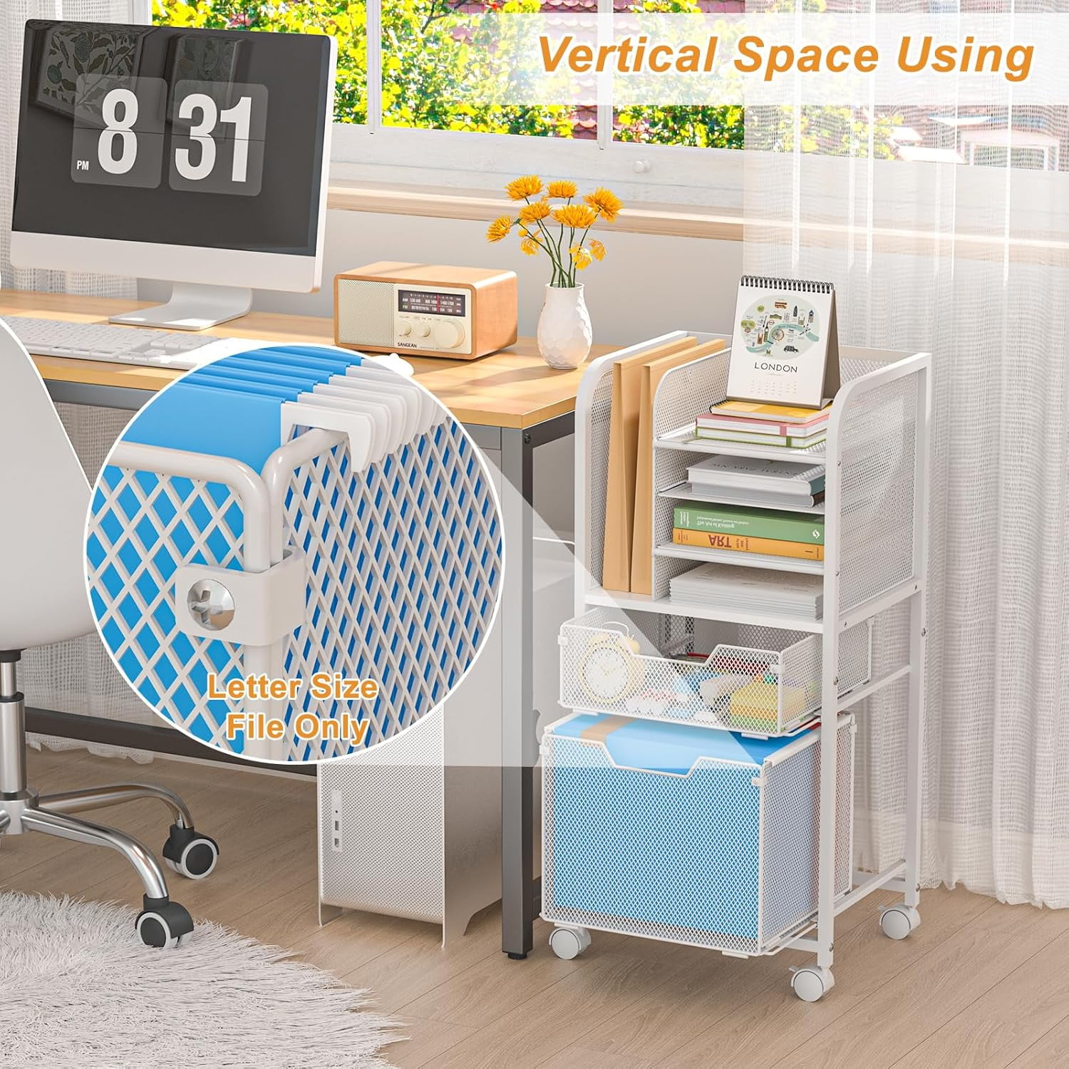 Rolling File Cart with 2 Drawers, White File Cabinet Organizer for Hanging File Folders, Letter-Size File Storage with Wheels, Multi-Layer Mobile Filing Cabinet for Office and Home, White