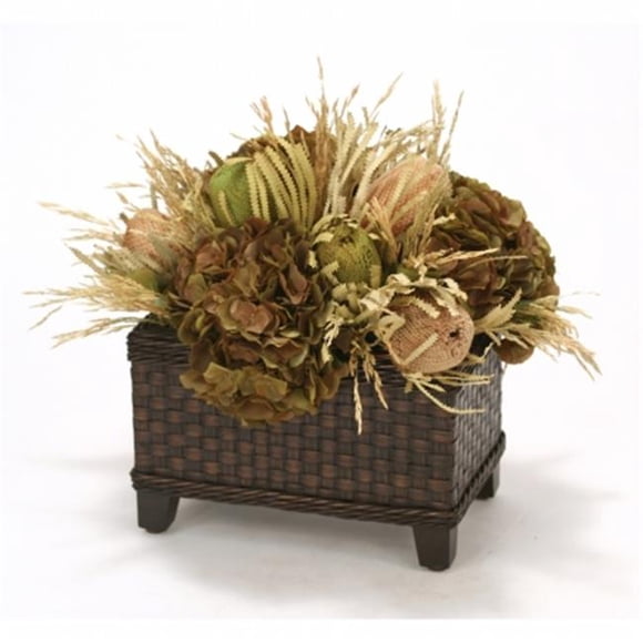 Distinctive Designs 3443 Natural Banksia Proteas with Grass & Hydrangeas in Wicker Basket