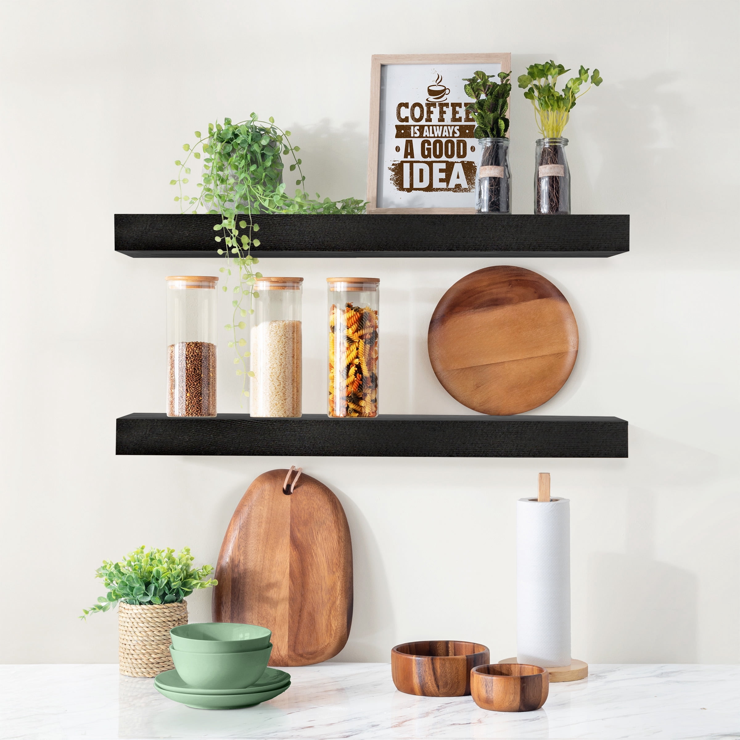 Sorbus Wood Floating Shelves for Wall - 24” Solid Wood Wall Shelves for Bathroom Decor, Books, Bedroom & Living Room - Set of 2 Wall Mounted Kitchen Shelves - Durable 100% Premium Solid Pine