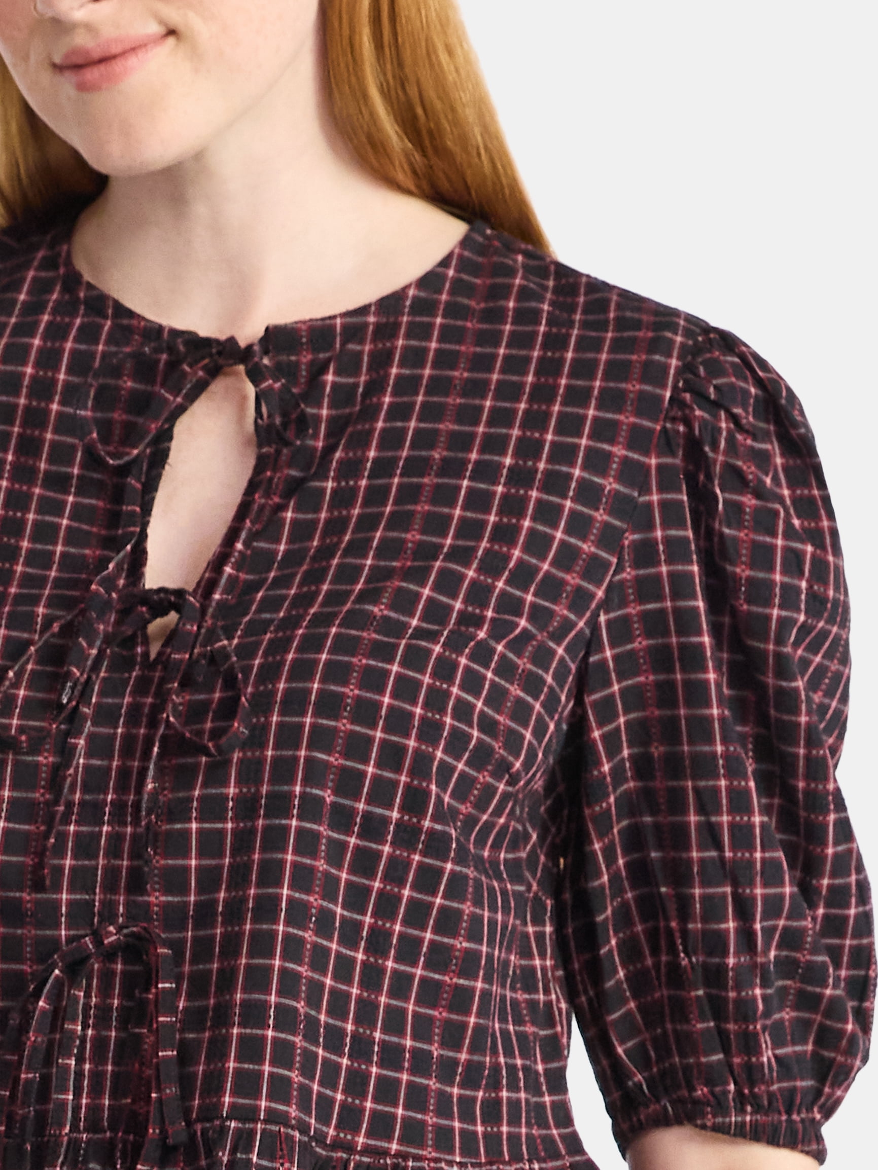 Time and Tru Women's Tie Front Peplum Top with Short Puff Sleeves, Size XS – XXXL
