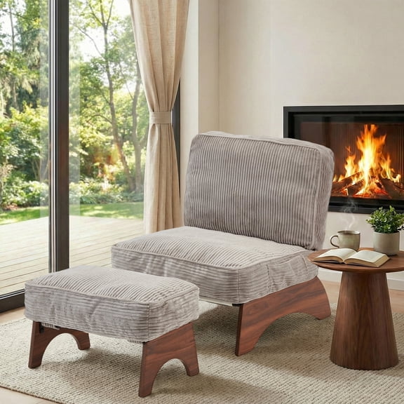 CANVORA Accent Chair with Ottoman, Modern Corduroy Living Room Chair with Adjustable Backrest & Footrest, Comfy Reading Chair for Bedroom Guestroom, Cream