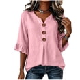 thumbnail image 2 of Xdegoge Womens Ruffle Half Sleeve Henley V Neck Shirts Button Down Front Pleated Flowy Tunic Tops Casual Loose Fit Spring Summer Everyday Wear Peasant Vintage Style Tees Blouses, 2 of 7