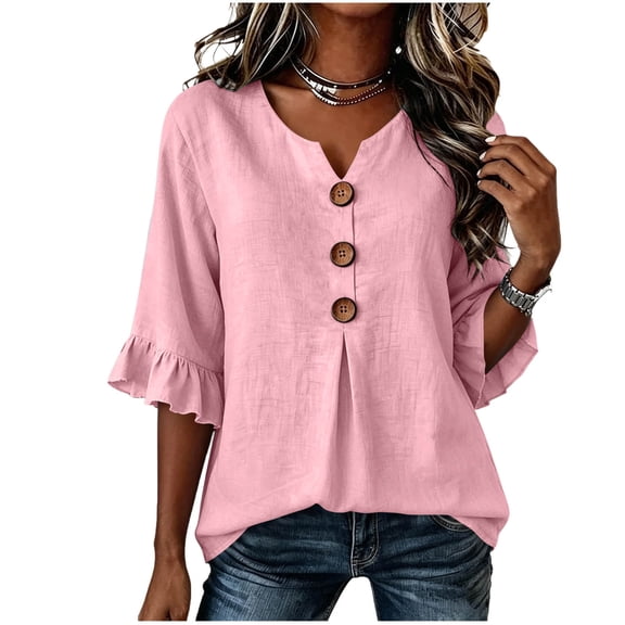 Cilsoka 3/4 Length Ruffle Sleeve Womens Tops Cotton Linen V Neck Button T Shirts Summer Beach Casual Boho Three Quarter Sleeve Tops