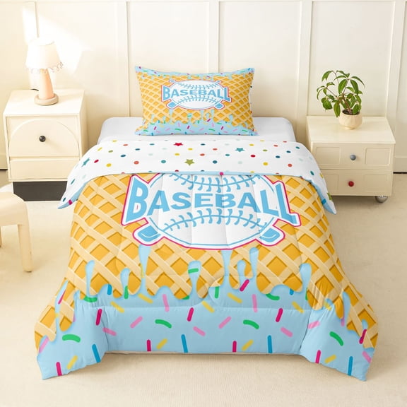 Erosebridal Light Blue Waffle Baseball & Bat Logo Graphic Twin Comforter Sets 3-Piece, Baseball Graphic Bedding Set for Boys And Girls Kids,Super Cozy Room Decor