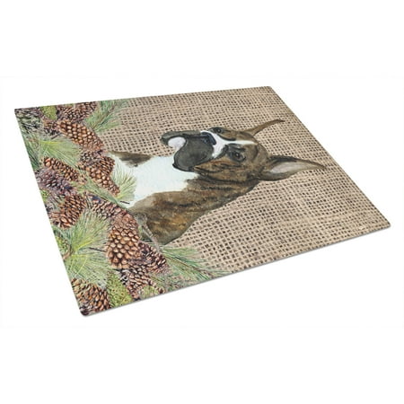 

Carolines Treasures SS4097LCB Brindle Boxer on Faux Burlap with Pine Cones Glass Cutting Board Large 12H x 16W