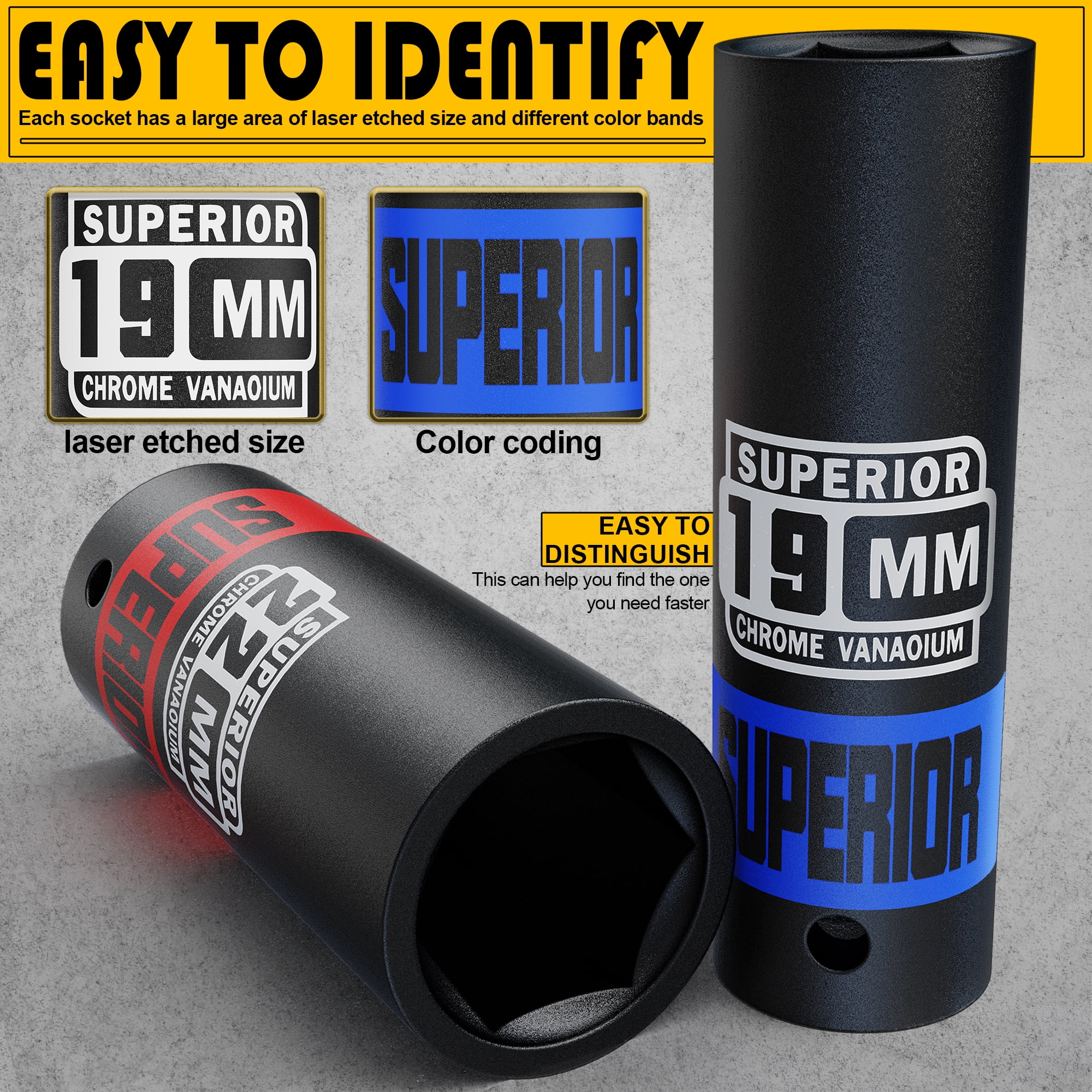 1/2" Drive Deep Impact Socket Set, Metric, CR-V Material, 6 Point, 8mm to 22mm 12pcs