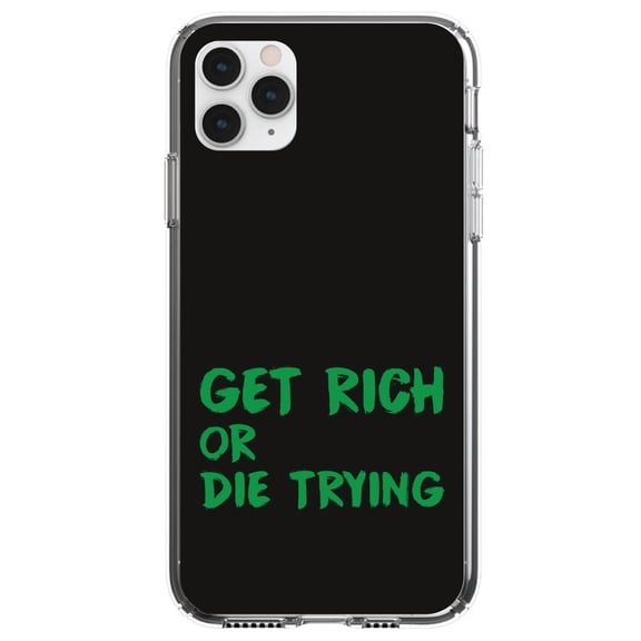 DistinctInk Clear Shockproof Hybrid Case for iPhone 12 / 12 PRO (6.1" Screen) - TPU Bumper, Acrylic Back, Tempered Glass Screen Protector - Get Rich or Die Trying - Black & Green