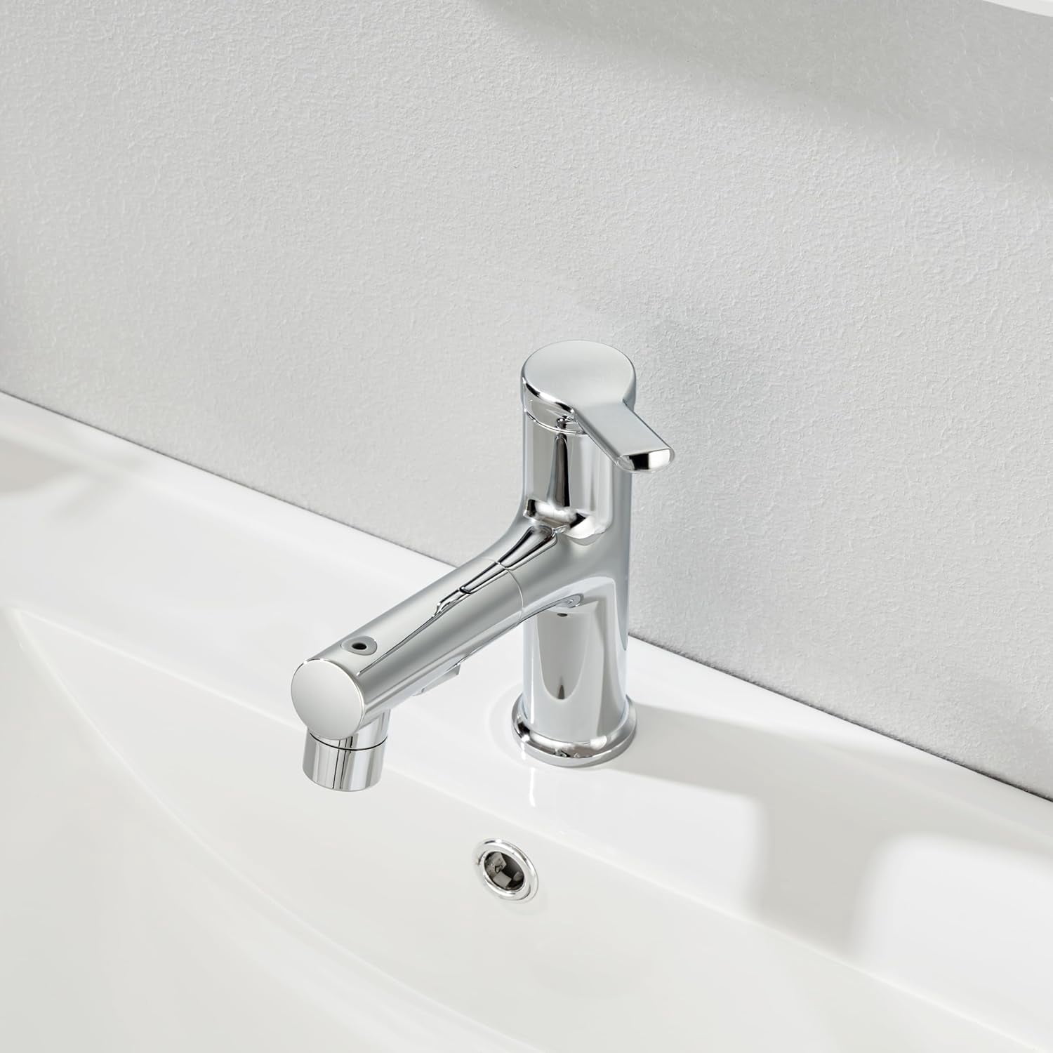 Single Hole Bathroom Faucet with Pull Out Sprayer, Dual Spray Modes, Solid Brass Polished Chrome Bathroom Faucet for Sink, Modern One Handle Bath Vanity Faucet with Face Basin Mixer Tap Visit The YI