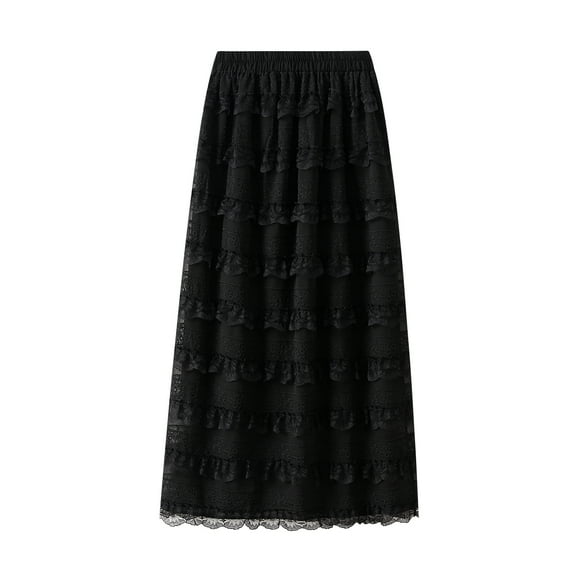 Musuos Women Summer Ruffled Skirt Casual Lace Patchwork Elastic Waist Skirt for Beach Vacation Club Streetwear