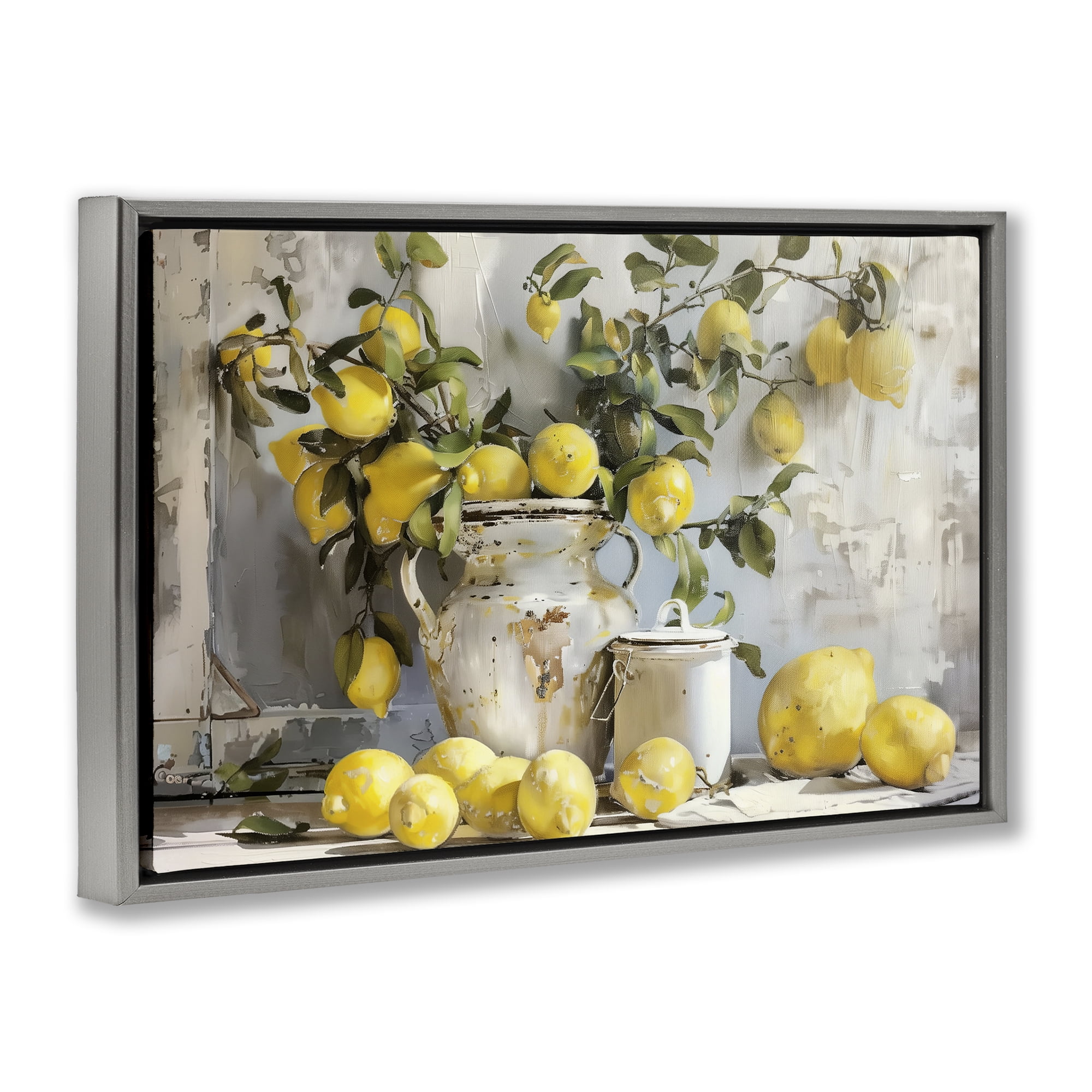 Stupell Industries Lemons & Canisters Still Life Food & Beverage Painting Gray Floater Framed Canvas Art Print Wall Art, 31 x 21