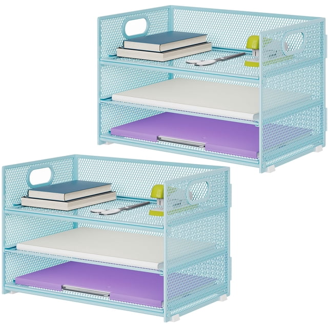 Organizador de Papel Marbrasse Bandeja de Carta de 3 Niveles de Malla Azul