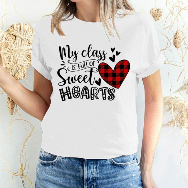 Pisexur Valentines Day T-shirt Top T-shirt à Manches Courtes Imprimé Amour de la Saint-Valentin pour Femmes, Col Rond