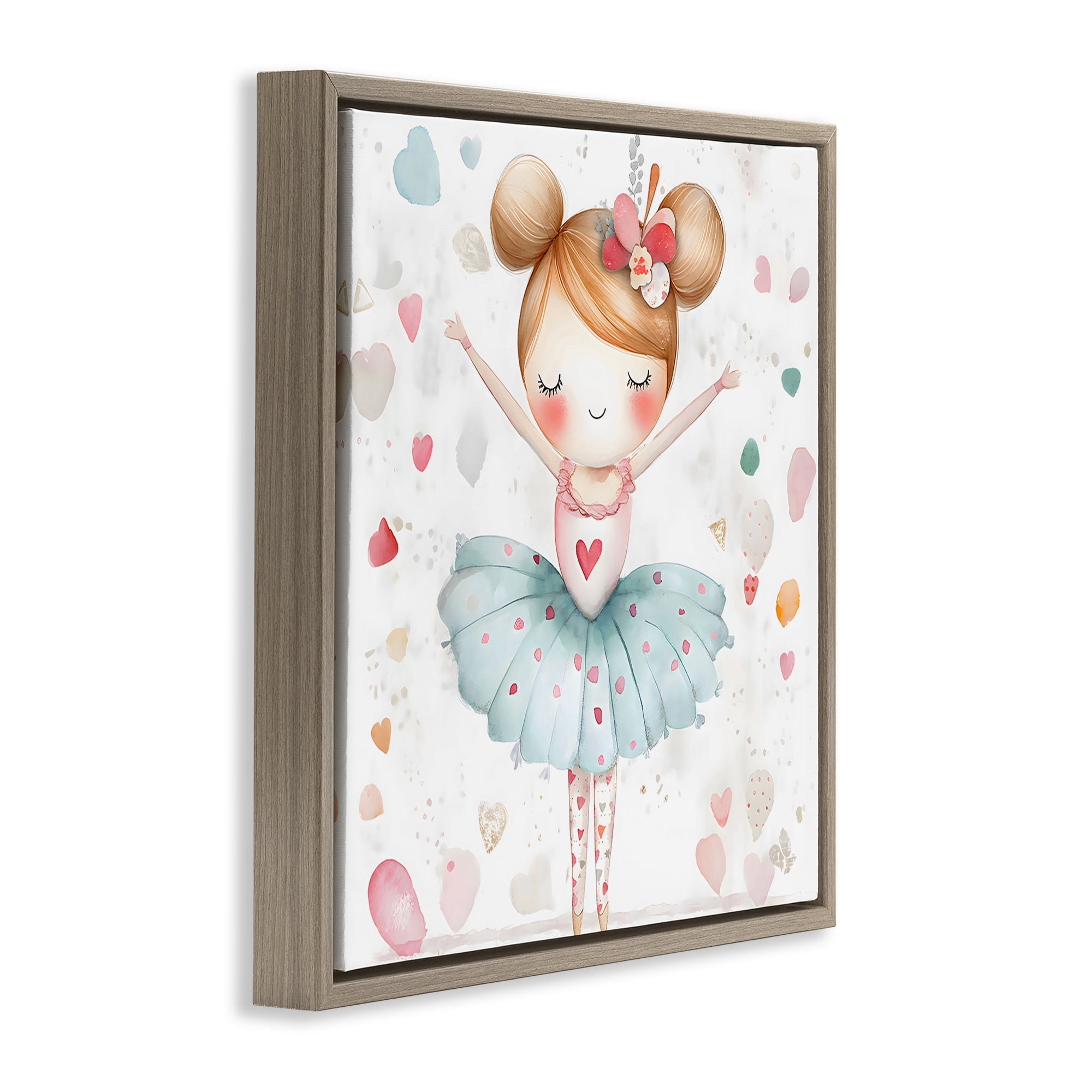 Stupell Industries Cute Ballerina with Hearts Brown Framed Floater Canvas Wall Art, design by Creative Studio