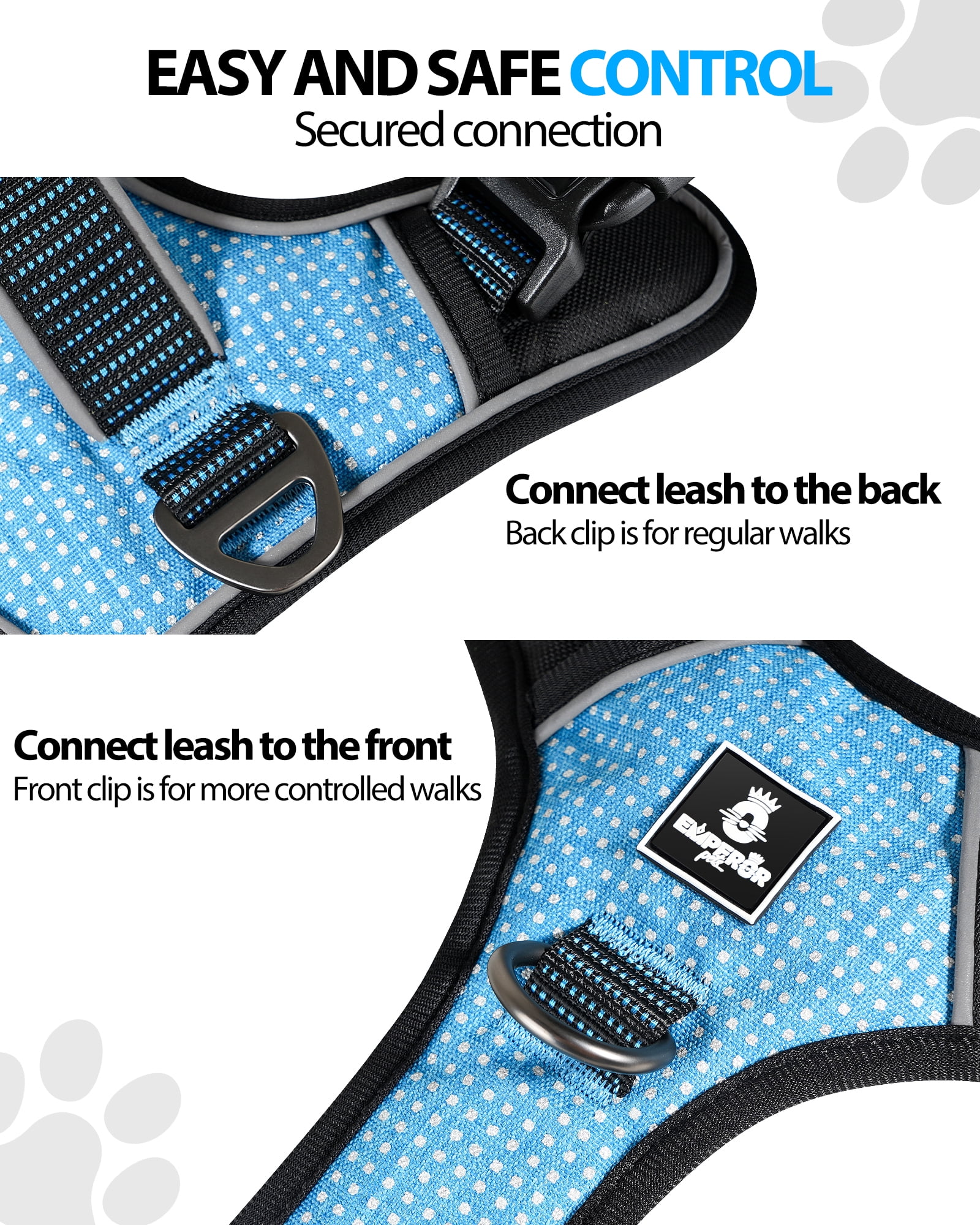 Emperor Pets Blue Reflective Dog Harness for Large Dogs - No Pull Dog Harness with 2 Leash Clips, Premium Oxford Soft Padded large dog harness, Dog Harness for Large Dogs (L, Blue)