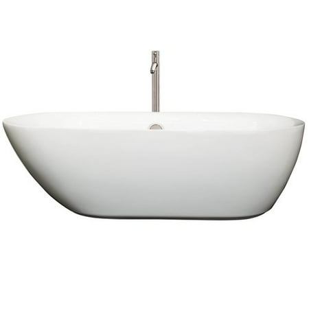 Wyndham Collection Melissa 71 inch Freestanding Bathtub in White with Floor Mounted Faucet, Drain and Overflow Trim in Brushed Nickel