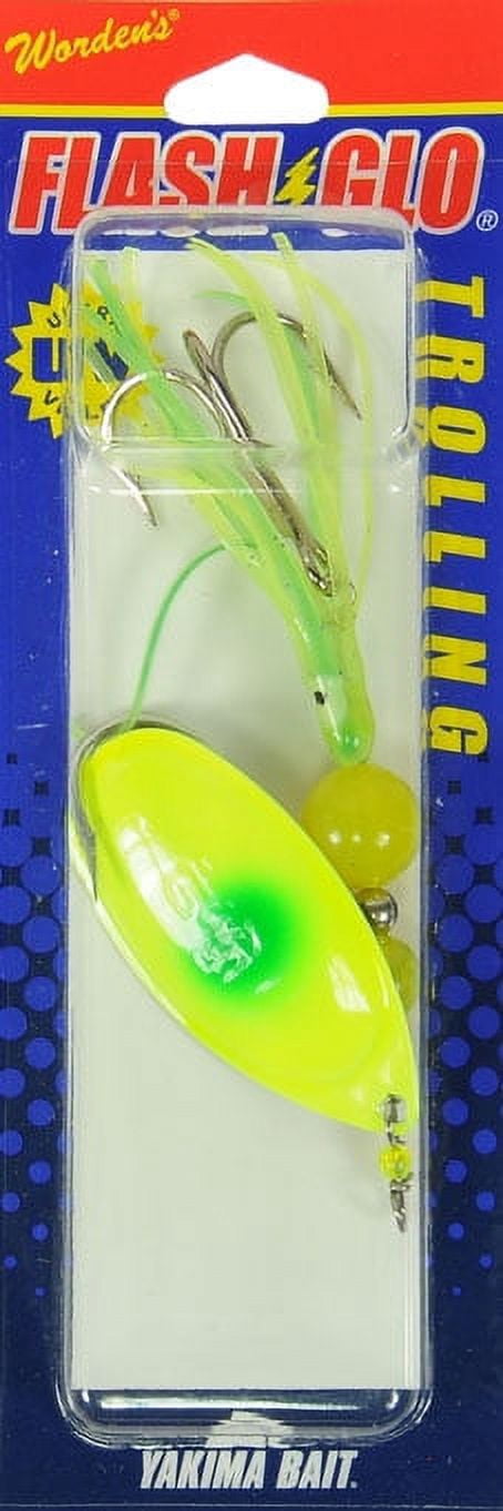 (2 pack) Yakima Bait Worden's Flash Glo 4-3/4" Squid Spinners Trolling Fishing Lure, Chartreuse Green Dot