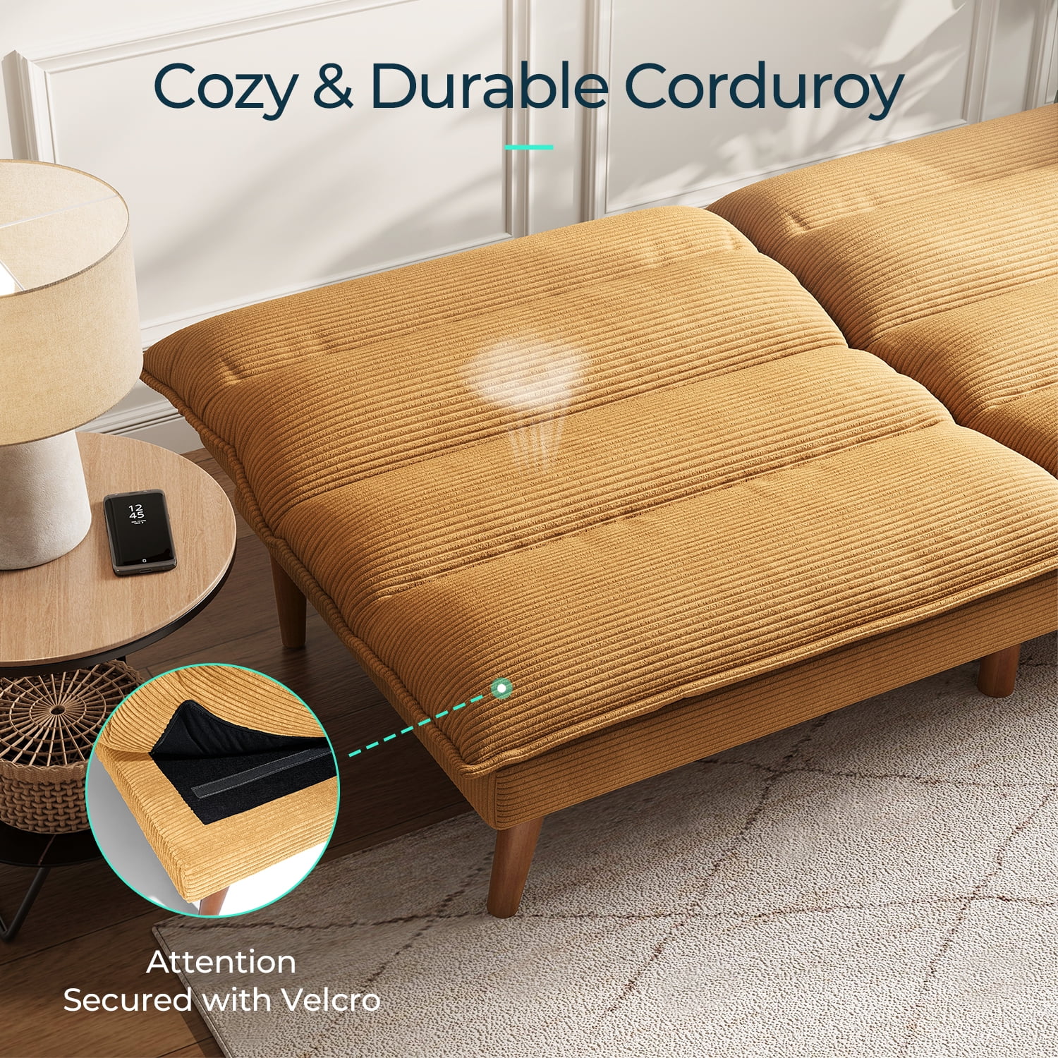LINSY HOME Convertible Futon Sofa Bed, Convertiable Sofa Bed,  Corduroy Material Yellow