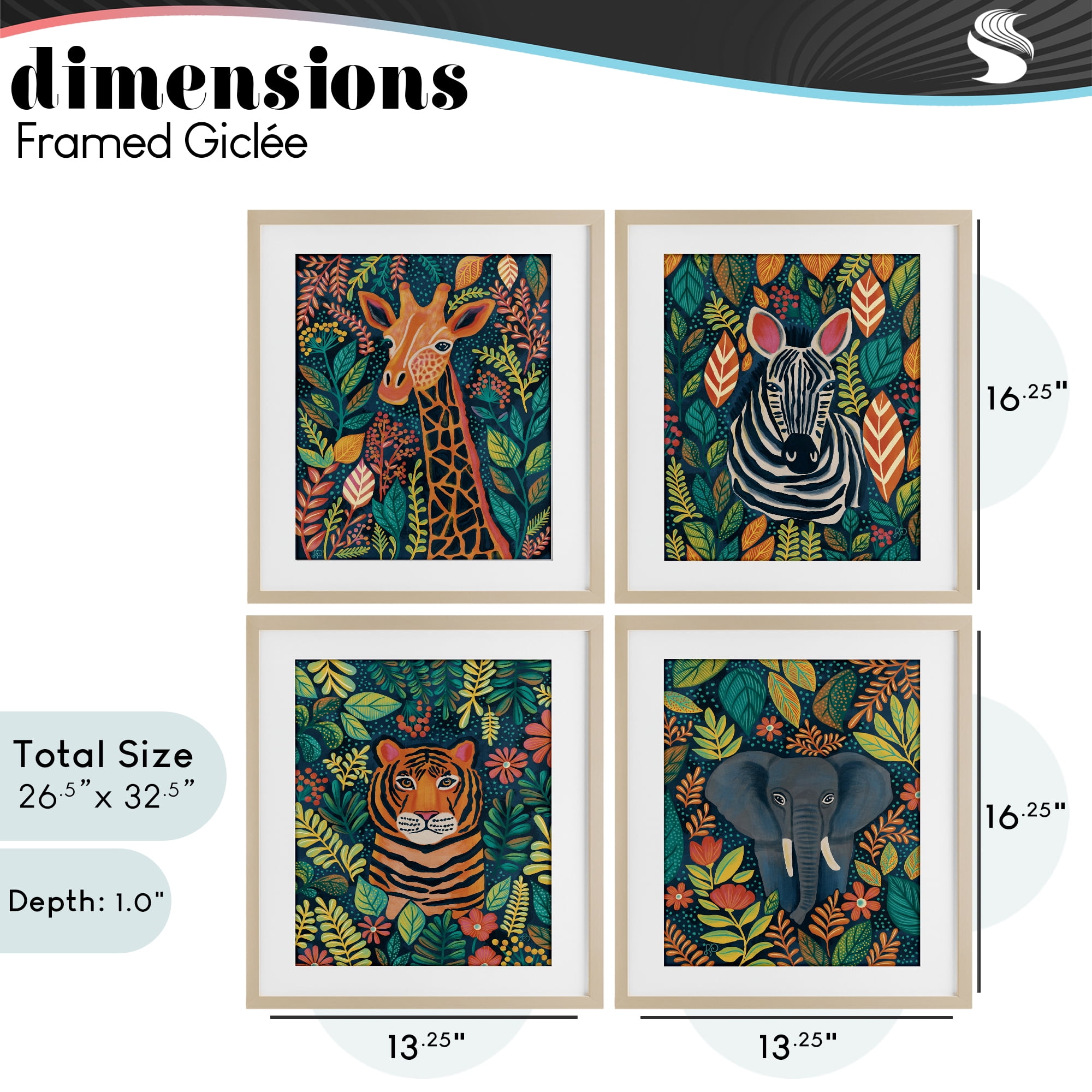 Stupell Industries Jungle Leaf Pattern Animals 4 Piece Birch Framed Print Under Glass Set, design by Lisa R Dumm