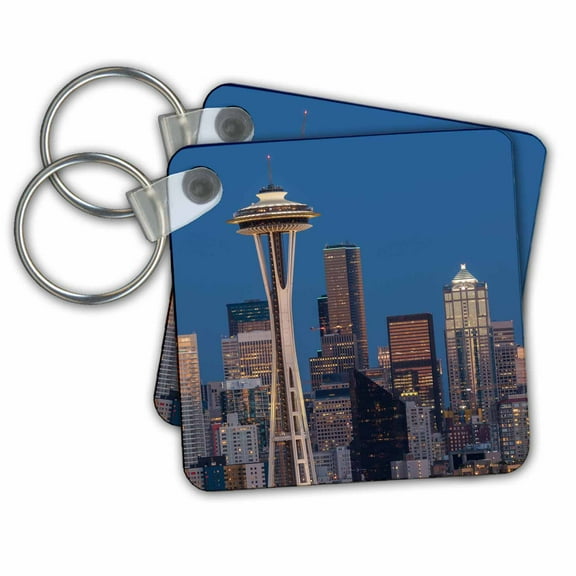 3dRose, USA, Washington State. Seattle skyline at dusk., set of 2 Key Chains