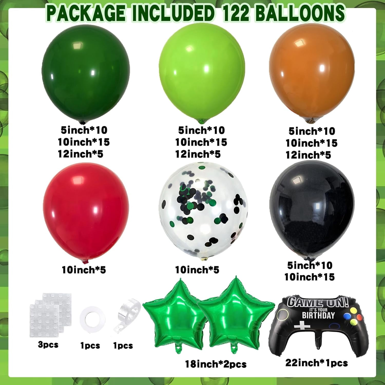 Balloon Arch Garland with Green Brown Black Balloons and Star Confetti for Video Game Theme Birthday Baby Shower Graduation Party Decorations